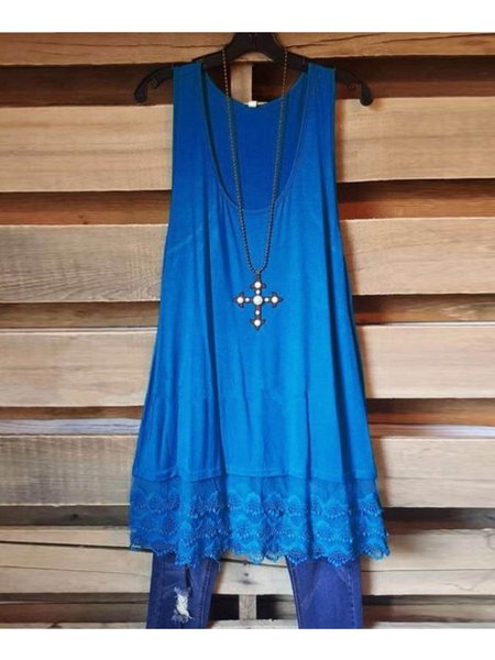 

Solid Patch U-Neck Sleeveless T-shirt, Deep blue, Tops