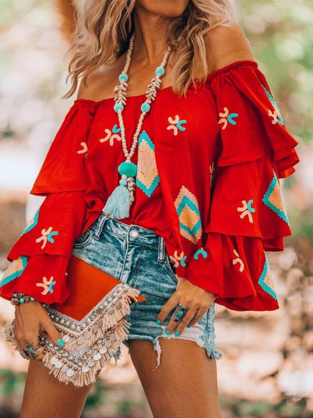 

Red Floral-Print Off Shoulder Long Sleeve Shirts & Tops, Blouses