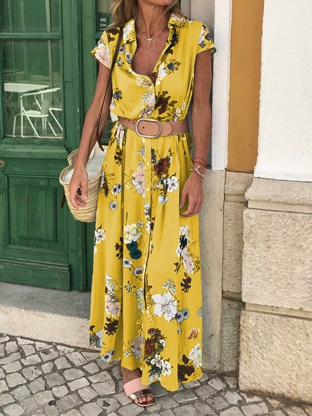 

Maxi Abito Floreale con Colletto a Camicia Dritto Quotidiano di Misto Cotone, Yellow, Maxi Dresses