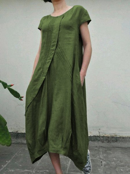 

Summer Linen Pockets Pleated Swing Solid Weaving Dress, Army green, Casual Dresses