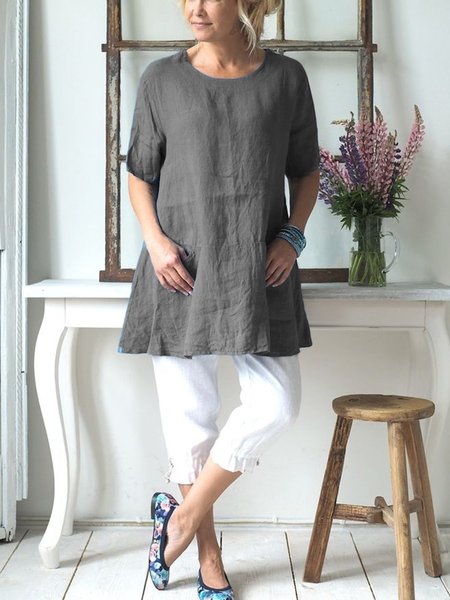 Crew Neck Casual Shirts & Tops, Gray, Tops