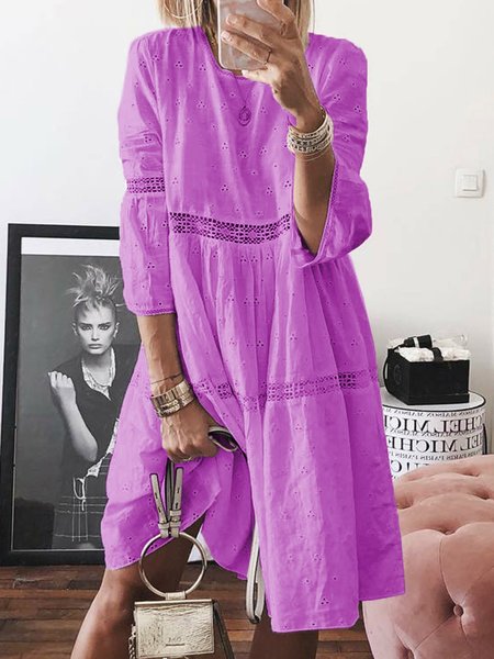 

Crew Neck Women Weaving Dress Shift Daily Paneled Plain Weaving Dress, Purple, Casual Dresses