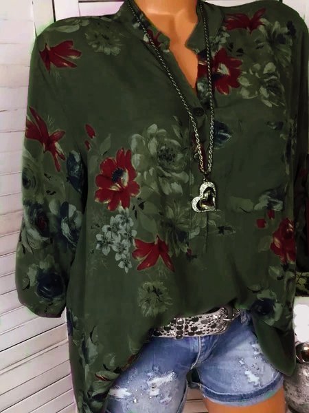 

Floral Long Sleeve V neck Cotton Botton Down Blouse, Green, Blouses & Shirts