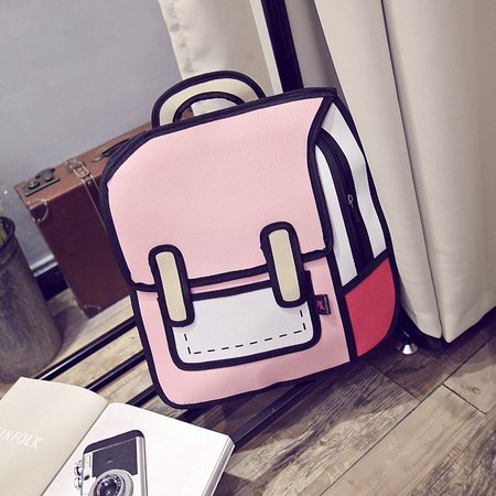 

3D Jump Style 2D Drawing From Cartoon Paper Shoulder Bag Comic Backpack, Pink, Bags