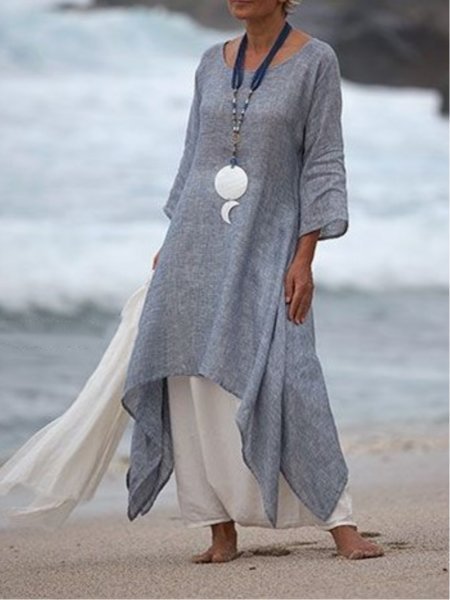 

Women Casual Dress Crew Neck Plus Size Linen Asymmetric Summer Dresses-Zolucky, White, Dresses