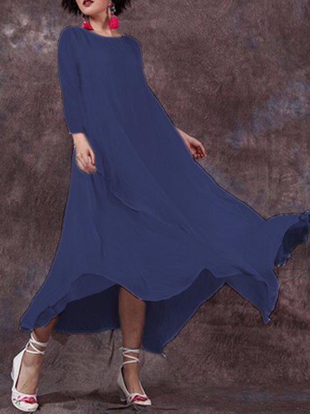 

Crew Neck Women Casual Daytime Big Hem Dress Weaving Dress, Navy blue, Basic Dresses