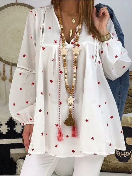 

Star Printed Long Sleeve Cotton Boho Blouses, White, Auto-Clearance