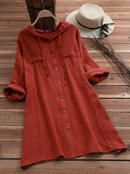 

Woman Solid Color Drawstring Hooded Long Sleeve Linen Dresses, Rust, Casual Dress