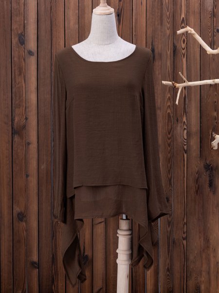 

Asymmetrical Hem Long Sleeve Crew Neck Shirts Plus Size Tops, Brown, Blouses