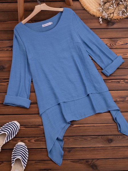 Double Layer Paneled Solid Long Sleeve Shirts Plus Size Tops, Blue, Blouses