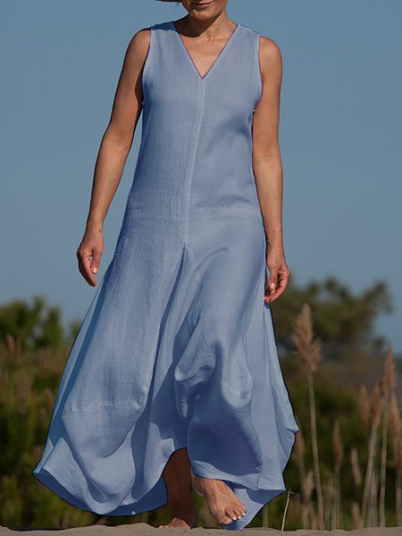 

V Neck Sleeveless Casual Gathered Maxi Weaving Dress, Sky blue, Maxi Dresses