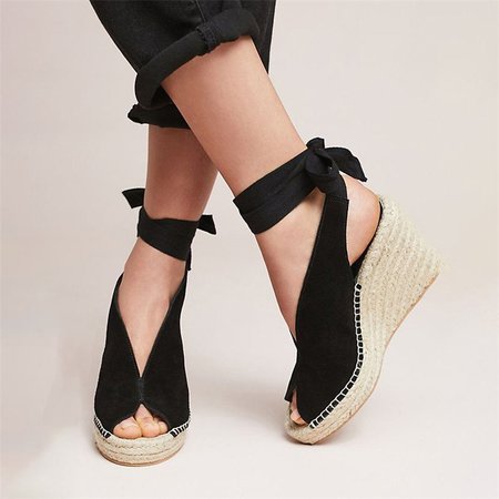 

Espadrille Ankle Tie Sandals Peep Toe Wedge Sandals, Black, Creepers & Wedges