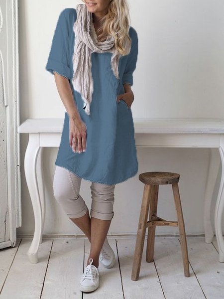 

Casual Short Sleeve Round Neck Solid Dress, Blue, Casual Dress