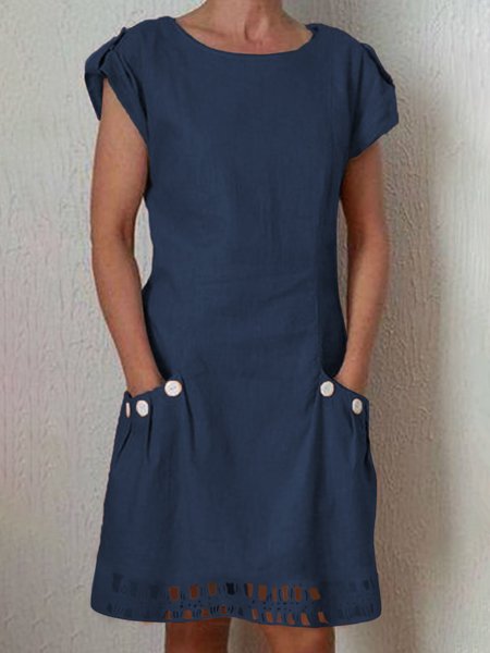 

Crew Neck Women Weaving Dress Work Cotton-Blend Weaving Dress, Navy blue, Midi Dresses