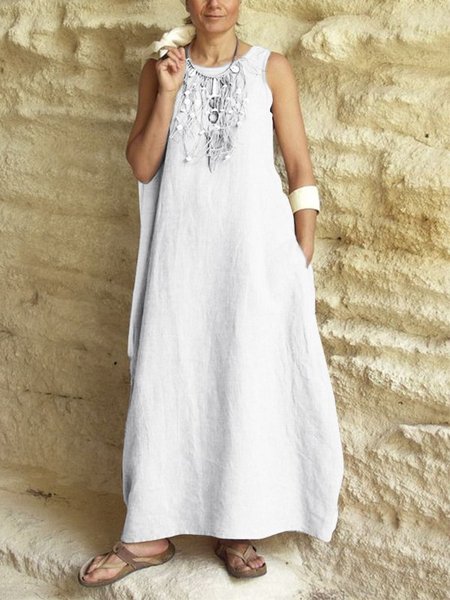 

Casuale senza maniche Girocollo Solido Maxi Gonna Con Tasche, Bianco, Dresses