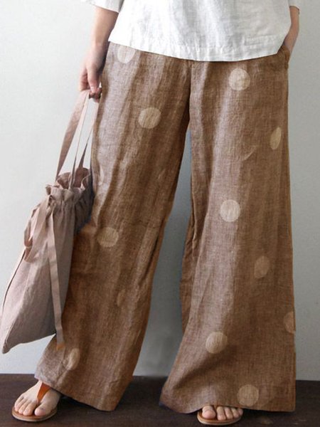 zolucky Woman Casual Polka Dots Vintage Linen & Cotton Bottoms, Light coffee, Pants
