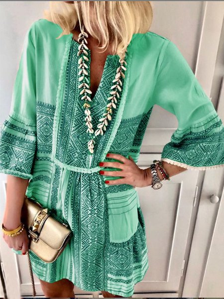 

White V Neck Sexy Shift Patchwork Dresses, Green, Dresses