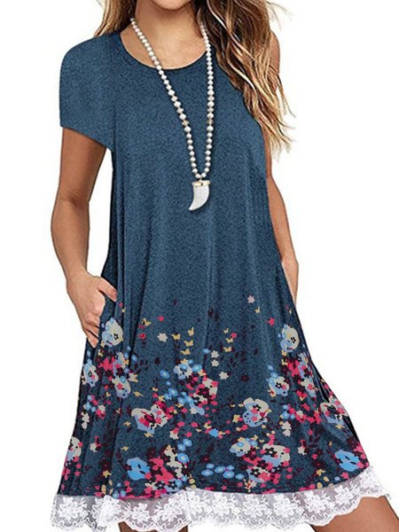 Crew Neck Women Dresses Shift Daily Casual Floral Dresses Blue/3XL