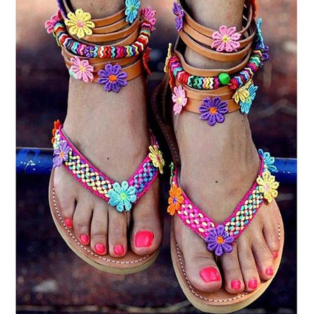 

Bohemian Chic Flat Sandals Zipper Bottomed Flowers Sweet Handmade Sandals in Brown, Sandals