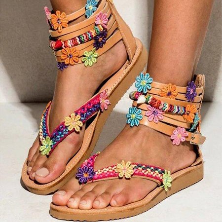 

Bohemian Chic Scarpe Piatte Sandali Cerniera fondo Fiori Dolce fatto a mano Sandali nel Marrone, Sandals