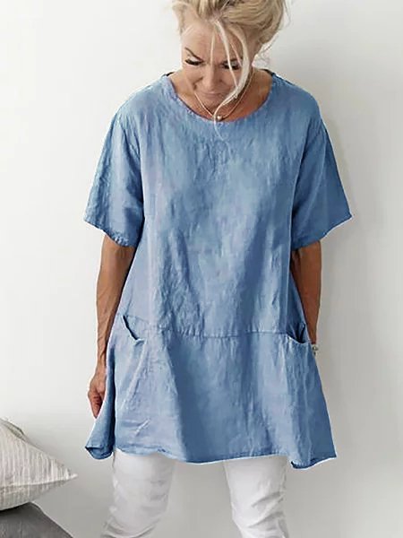 Top Girocollo a Maniche Corte con Tasche, Celeste, Blouses & Shirts