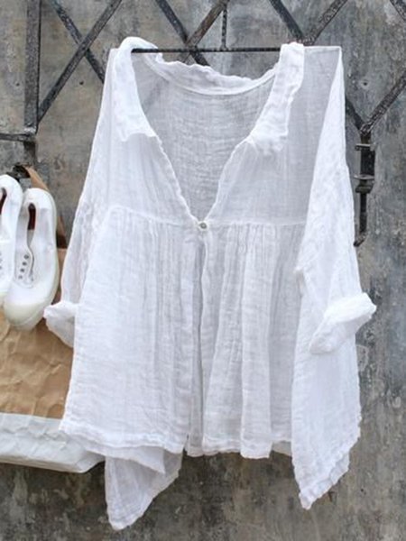 

zolucky V Neck Cotton-Blend Long Sleeve Asymmetrical Casual Tops, White, Blouses & Shirts