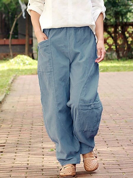 

Solid Pockets Casual Linen Pants, Blue, Pants