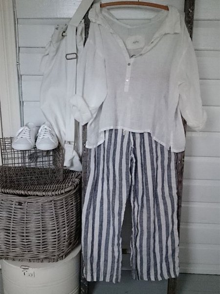 

Linen Plus Size Casual Striped Pants, Navy blue, Pants