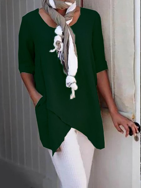 

Women's Shirt Blouse Linen Plain Pocket Asymmetric Hem Half Sleeve Casual Fashion Round Neck Regular Fit Summer, Army green, Tunics