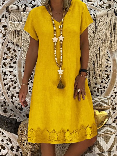 

V Neck Women Weaving Dress Shift Holiday Crochet-Trimmed Weaving Dress, Yellow, Casual Dresses