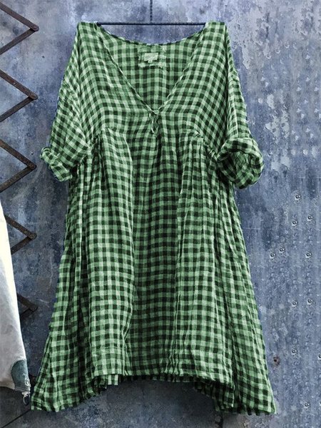 

Casuale Scollo a V 3/4 Manica taglia grande Reticolo pipistrello Manica Gonna, Verde, Linen & Cotton Dresses