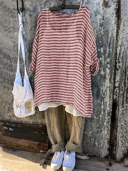 

Casual Round Neck 3/4 Sleeve Striped Plus Size Bat Sleeve Tops, Red, Tops