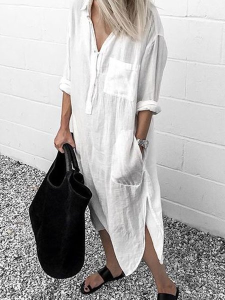 

Women V Neck Casual Long Sleeve Cotton-Blend Maxi Weaving Dress, White, Dresses