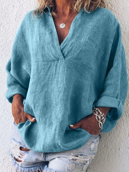 

Women's Shirt Blouse Linen Cotton V Neck Casual Plain Pockets Long Sleeve Blouse, Blue, Blouses & Shirts