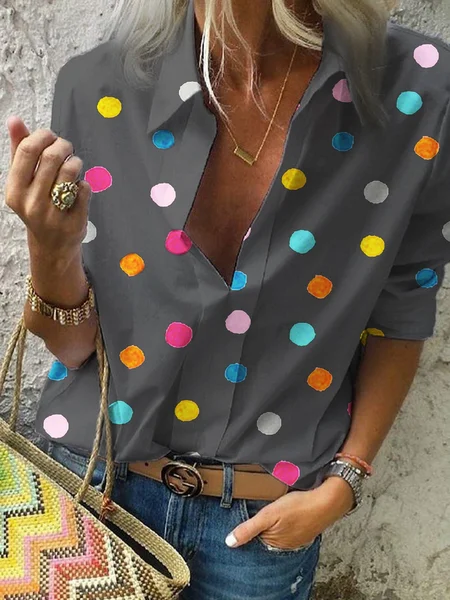 

Casual Long Sleeve Polka Dots Boho Blouse, Gray, Blouses & Shirts