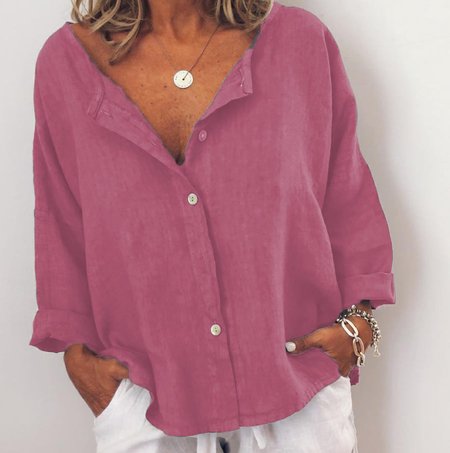 

JFN Shawl Collar Casual Solid Long Sleeve Buttoned Top, Rose, Shirts & Blouses
