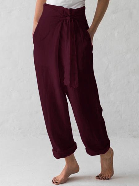

Women Belted High Waist Casual Wide Leg Harem Pants, Wine red, Pants