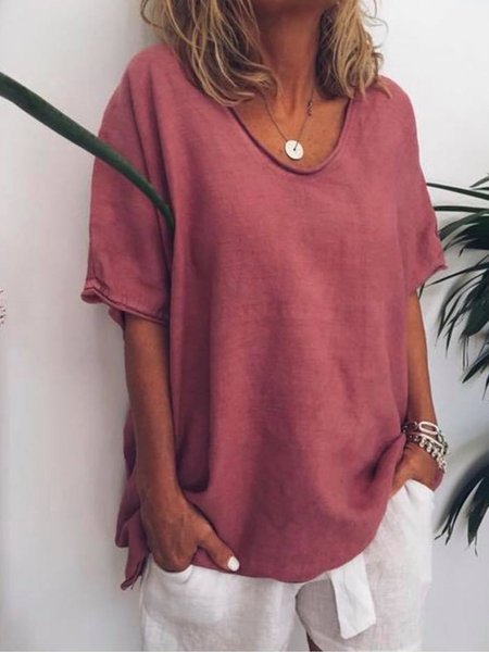 

Plus Size V Neck Pure Color Summer Simple T-Shirts, Yellow, T-Shirts