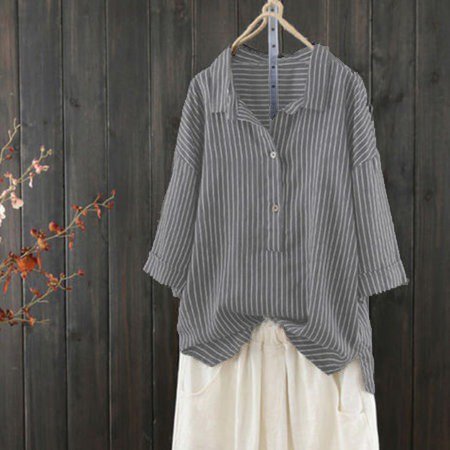 

3/4 Sleeve Buttoned Casual Striped Shift Blouse, Black, Shirts & Blouses