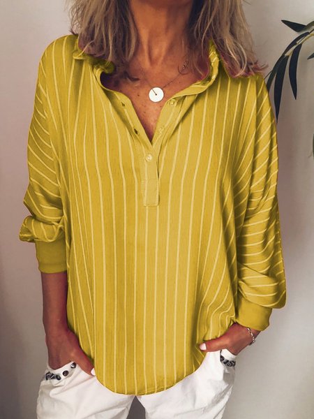 

Women Basic V Neck Stripe Long Sleeve Blouse, Yellow, Blouses & Shirts