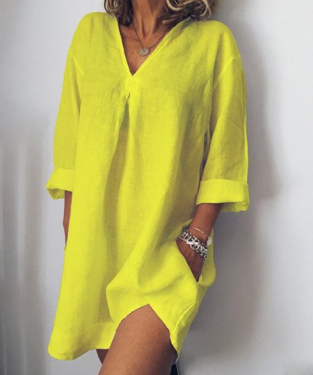 

zolucky Plus Size V Neck Women Vintage Solid Weaving Dress, Yellow, Dresses