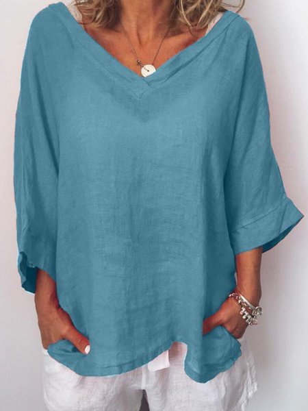 

zolucky Women Thin Summer Linen Plus Size Casual Long Sleeve Solid Shirts, Blue, Blouses & Shirts