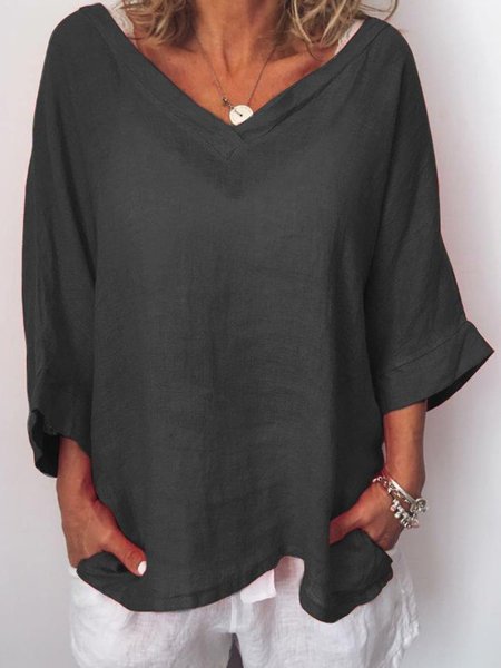 Casual Solid V Neck 3 4 Sleeve Top