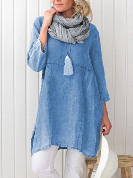 

Women Tunic Top Cotton and Linen Pockets Plain Casual Three Quarter Sleeve Top, Blue, Blouses & Shirts