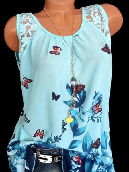 Casuale senza maniche Stampata Floreale Camicetta, Celeste, Tops
