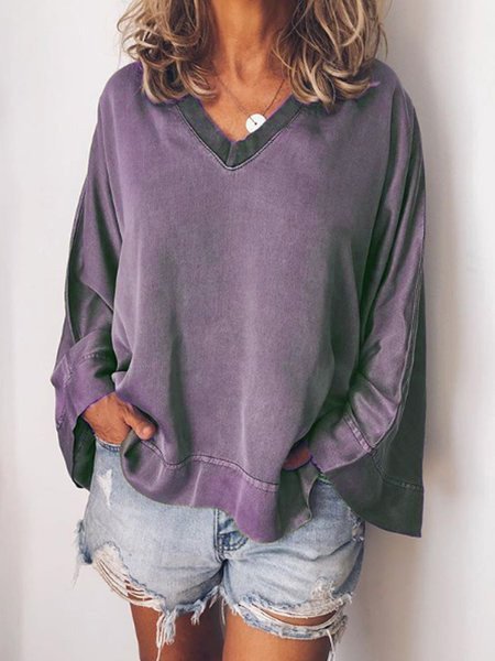 

Scollo a V Misto Cotone Casuale Patchwork Camicetta & Top, Viola, Blouses & Shirts