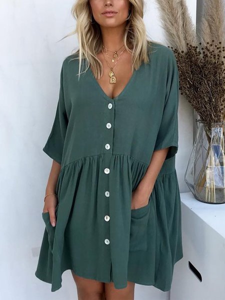 

Scollo a V Cotone Casuale Solido Abito, Verde, Casual Dresses