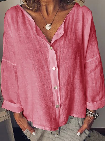 Long Sleeve Solid Shirt Blouse, Pink, Blouses & Shirts