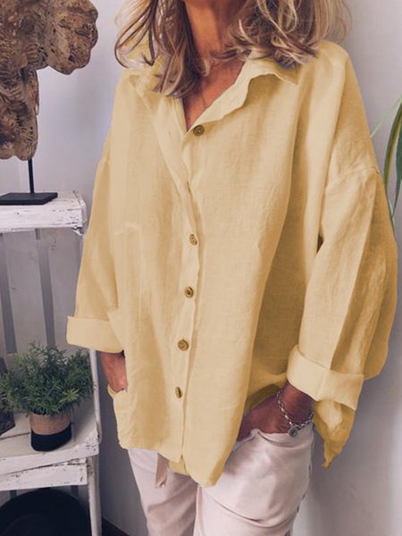Women V Neck Casual Loose Shirt Tunic Blouse, Khaki, Shirts