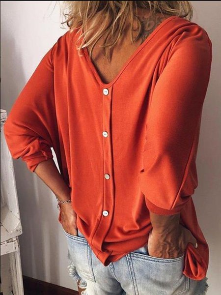 Solid V Neck Long Sleeve Buttoned T shirt